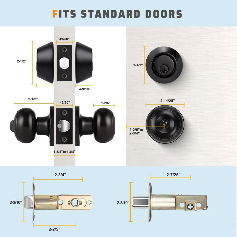 KNOBWELL 1 Pack Keyed Alike Door Knob and Double Cylinder Deadbolt Set, Exterior Door Lock Set with Deadbolt, Double Keyed Deadbolt, Black Front Door Knob and Deadbolt - Image 5